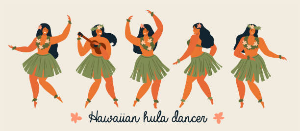 하와이 훌라 댄서 젊은 예쁜 여자. 벡터 그림입니다. - garland hawaii islands hawaiian culture party stock illustrations