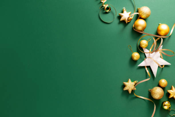 Beautiful Christmas Background Top View Christmas Flat Lay Background. Black Bubbles on Green Background. Minimalistic design. Copy Space. Horizontal. sphere photos stock pictures, royalty-free photos & images