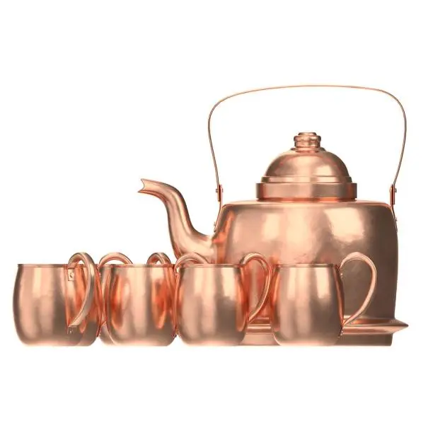 3D rendering illustration of a copper kettle and mugs