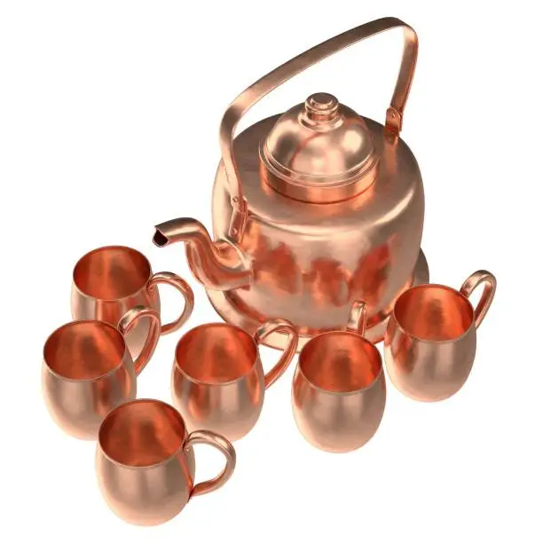 3D rendering illustration of a copper kettle and mugs
