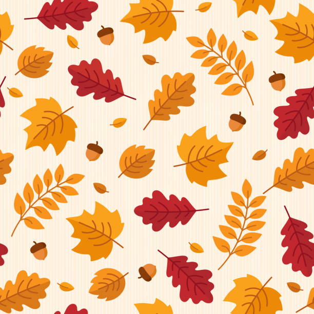 stockillustraties, clipart, cartoons en iconen met vector naadloze patroon van herfst bladeren en eikels. - herfst