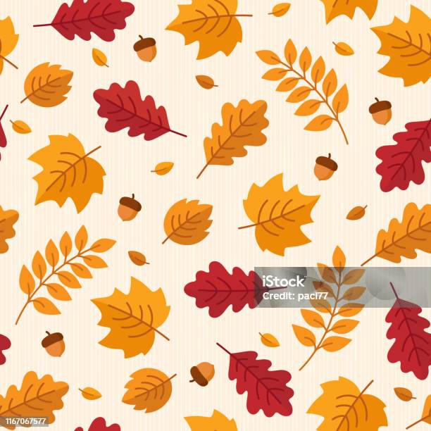 Vector Seamless Pattern Of Autumn Leaves And Acorns Stock Illustration - Download Image Now