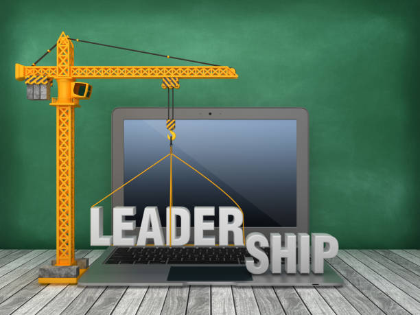 istock Tower Crane and Laptop with LEADERSHIP Word on Chalkboard Background - 3D Rendering 1167068282
