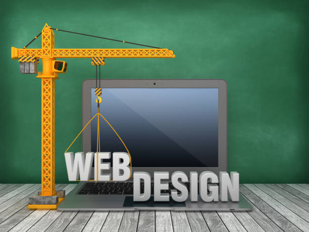 istock Tower Crane and Laptop with WEB DESIGN Word on Chalkboard Background - 3D Rendering 1167068307