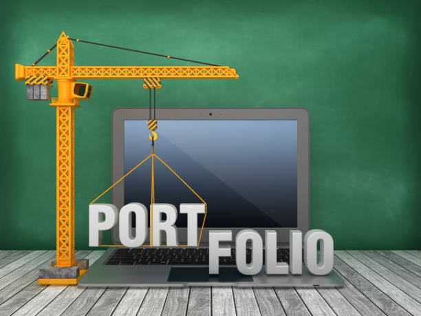 istock Tower Crane and Laptop with PORTFOLIO Word on Chalkboard Background - 3D Rendering 1167068334