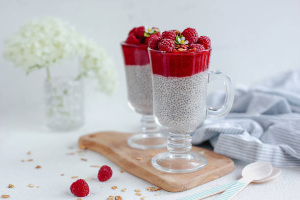 istock Healthy vanilla chia pudding in glass with fresh raspberries. 1167068641