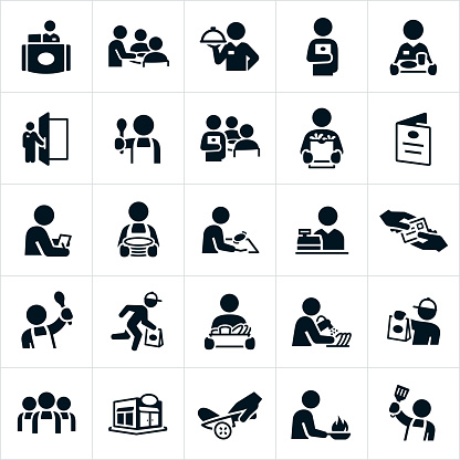 A set of icons showing different staff that work in a restaurant. The icons include a receptionist, waiter or waitress, a doorman, a server, cook, chef, checker, person washing dishes and a delivery man to name just a few.