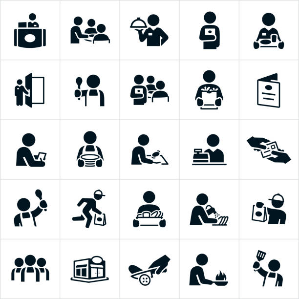Restaurant Staff Icons A set of icons showing different staff that work in a restaurant. The icons include a receptionist, waiter or waitress, a doorman, a server, cook, chef, checker, person washing dishes and a delivery man to name just a few. cleaning restaurant tables stock illustrations