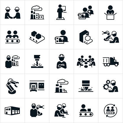 A set of icons representing the factory and mass production industry. The icons include factories, workers working on an assembly line, workers using sewing machines, robot arms, workers wearing hard hats while at work, semi-trucks used to transport goods, factory equipment and other related icons.