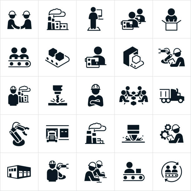 Factory and Mass Production Icons A set of icons representing the factory and mass production industry. The icons include factories, workers working on an assembly line, workers using sewing machines, robot arms, workers wearing hard hats while at work, semi-trucks used to transport goods, factory equipment and other related icons. manufacturing stock illustrations