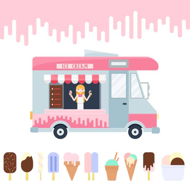 illustrations, cliparts, dessins animés et icônes de van de crème glacée - camionnette de vendeur de glaces