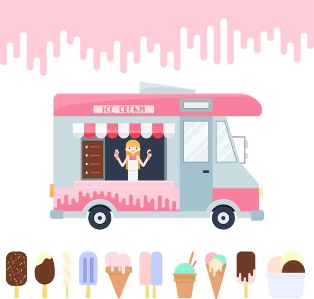 Ice cream van Collection of ice cream van and ice cream in flat design ice cream van stock illustrations