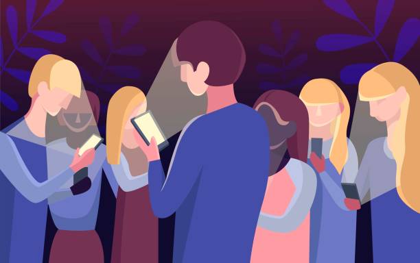 ilustrações de stock, clip art, desenhos animados e ícones de group of people staring at their mobile phones in minimal flat design - staring