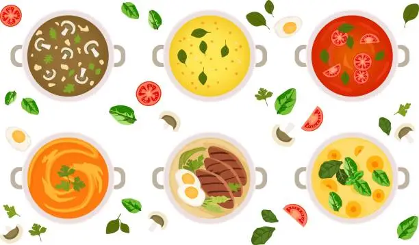 Vector illustration of Collection of different soups top view