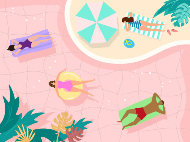 letni krajobraz z szczęśliwymi turystami w basenie. - inflatable ring stock illustrations