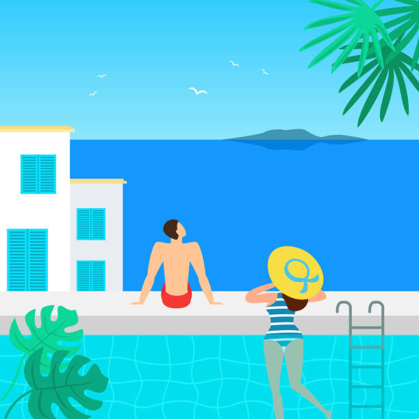 ilustraciones, imágenes clip art, dibujos animados e iconos de stock de paisaje de verano con turistas felices, resort y mar. - infinity pool getting away from it all relaxation happiness