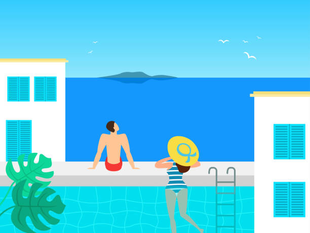 ilustrações de stock, clip art, desenhos animados e ícones de summer landscape with happy tourists, resort and sea. - infinity pool getting away from it all relaxation happiness