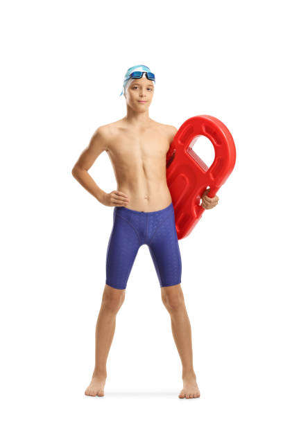 teenage male swimmer with a swimming float - swimming male isolated swimming goggles imagens e fotografias de stock