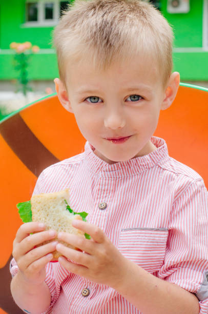 istock Smiling schoolboy eating sandwich sitting near the elementary school 1167080863