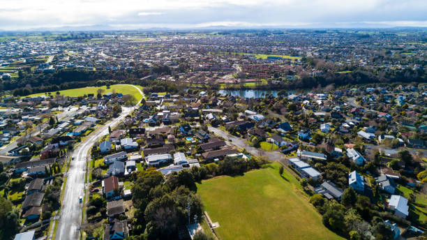 Hamilton Aerial View Aerial view from Waikato River, Hamilton, New Zealand waikato river stock pictures, royalty-free photos & images