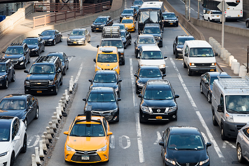 Traffic Jam in E 59th St and over the Queensboro Bridge, Midtown Manhattan, New York City.