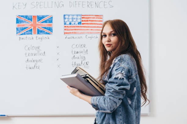 istock Female student with books in classroom English language school. 1167088917