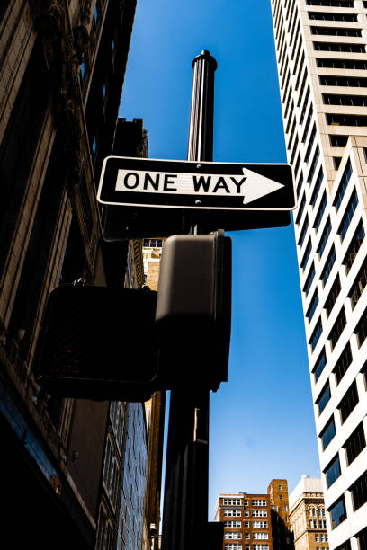 istock One Way Sign surrounded by tall buildings . 1167088927