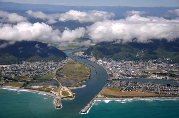 Aerial of Greymouth and the mouth of the Grey River, West Coast, South Island, New Zealand.