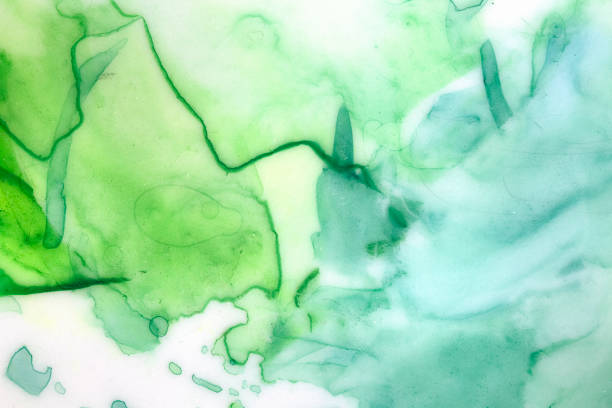 Artistic background with green watercolour brush strokes, blobs, marks and washes. Hand painted water color painting on white. Beautiful graphic backdrop for card, poster, web site, flyer, design.