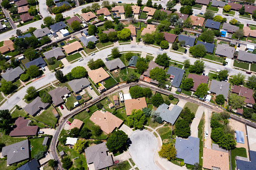 Aerial view of suburb housing development, Texas, USA.