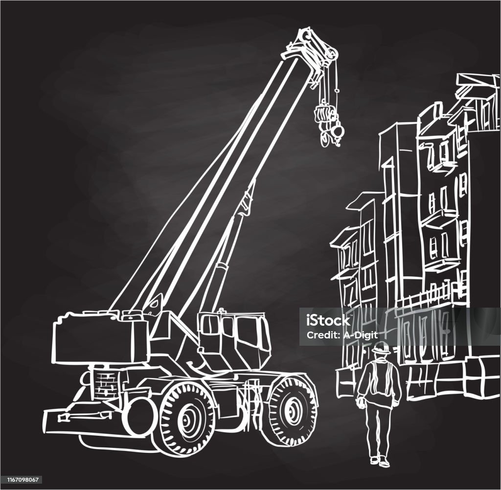 Condo Construction Crane Chalkboard Crane on construction site with condo apartments and worker on the ground Crane - Machinery stock vector