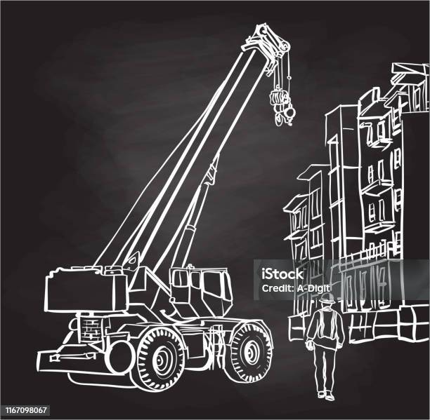 Condo Construction Crane Chalkboard Stock Illustration - Download Image Now - Crane - Machinery, Retro Style, Drawing - Art Product