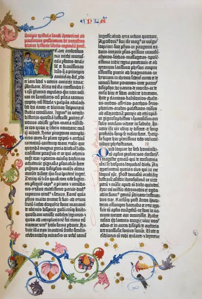 page from a facsimile of the 1455 Gutenberg Bible, the first printed version of the Latin Vulgate.