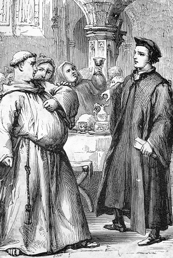 Line drawing of William Tyndale (right) making his famous statement to a fat friar that the plowboy will soon know more of the scriptures than the Roman clergy. Tyndale went on to translate the first English New Testament from Greek texts.