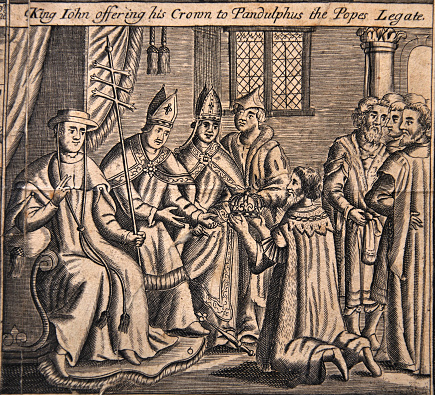 Illustrations from a 1583 edition of Foxe's Book of Martyrs, showing King John offering his crown to Pandulphus, the Pope's Legate.