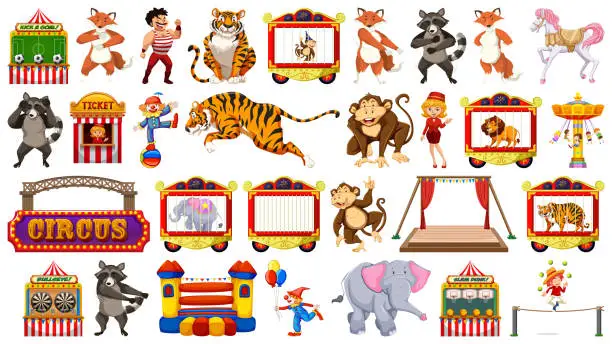 Vector illustration of Circus set with animals rides and clowns on isolated background
