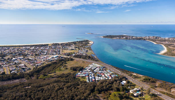 Swansea Channel Aerial View - Newcastle NSW Australia Aerial view of Blacksmiths Beach and Swansea Channel at the mouth of Lake Macquarie - Australia's largest salt water lake. Boating fishing and surfing are popular activities in this coastal area south of Newcastle. newcastle new south wales photos stock pictures, royalty-free photos & images