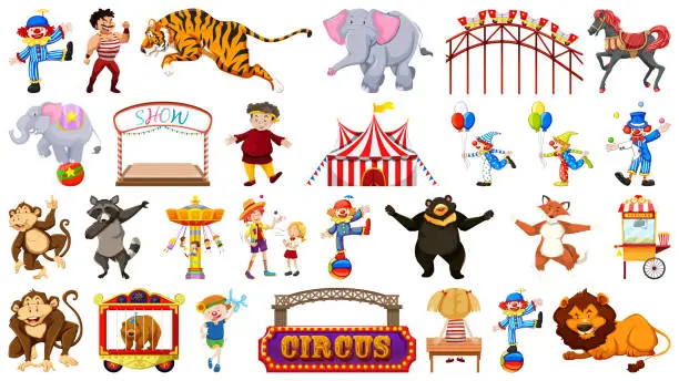 Vector illustration of Circus set with animals rides and clowns on isolated background