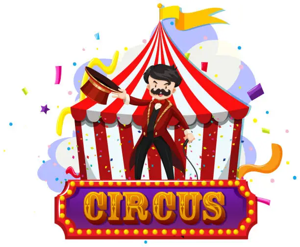 Vector illustration of Circus magician an tent with sign isolated