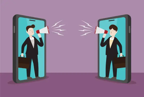 Vector illustration of Businessman use megaphone for discussion in mobile phone