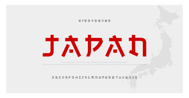 japanische moderne stil alphabet schriftart. typografie japan asiatische schriftarten und zahl. englische buchstaben großbuchstaben und zahlen. vektor-illustration - japanisch sprache stock-grafiken, -clipart, -cartoons und -symbole