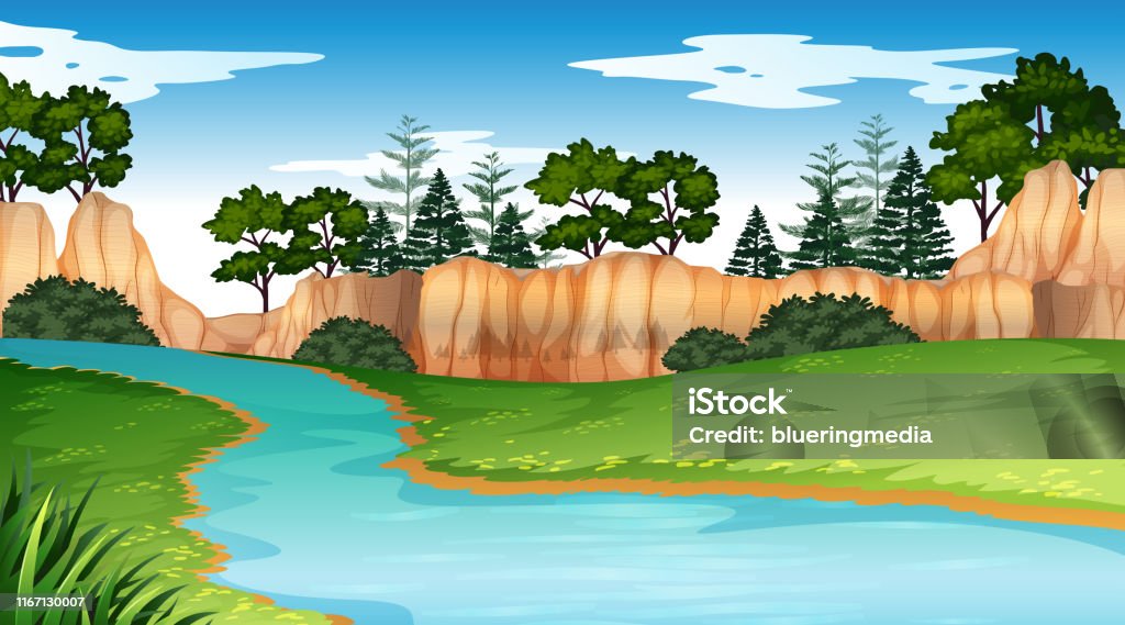 River Scene With Cliffs In Background Stock Illustration - Download Image  Now - River, Art, Cartoon - iStock