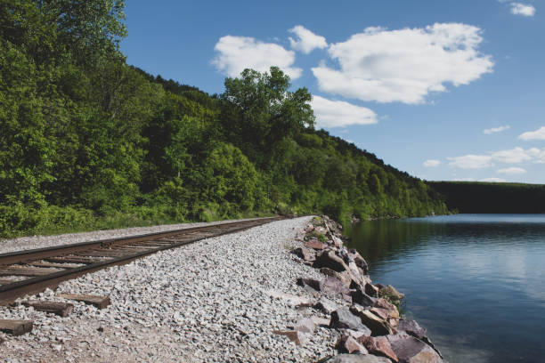 istock railroad that going to perspective on the shore of Devils's Lake , WI , spring 2019 1167133665