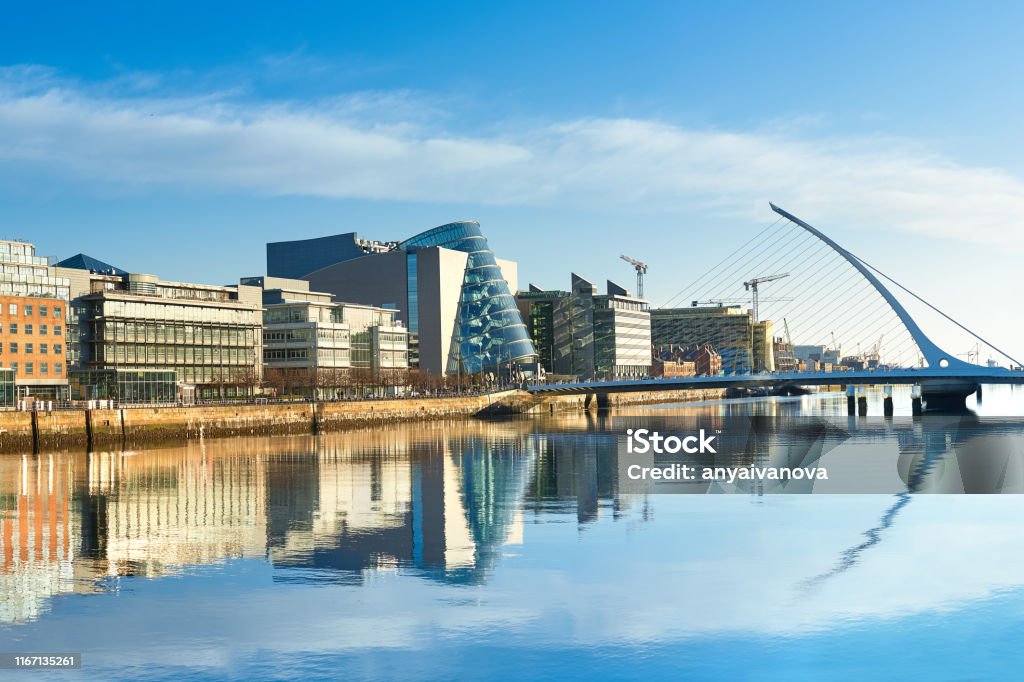 Modern buildings and offices on Liffey river in Dublin Modern buildings and offices on Liffey river in Dublin on a bright sunny day, bridge on the right is a famous Harp bridge. Dublin - Ireland Stock Photo