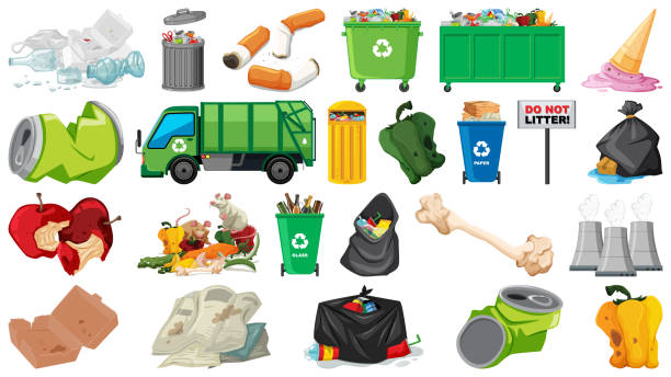 illustrazioni stock, clip art, cartoni animati e icone di tendenza di inquinamento, rifiuti, rifiuti e oggetti spazzatura isolati - garbage bag garbage bag food