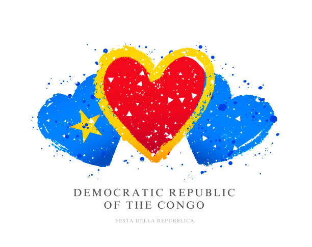 Flag of the Democratic Republic of the Congo in the form of three large hearts. Flag of the Democratic Republic of the Congo in the form of three large hearts. Vector illustration on a white background. Brush strokes are drawn by hand. Independence Day. kinshasa stock illustrations