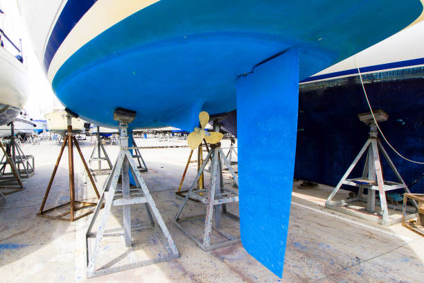 istock boat with blue hull in maintenance 1167139192