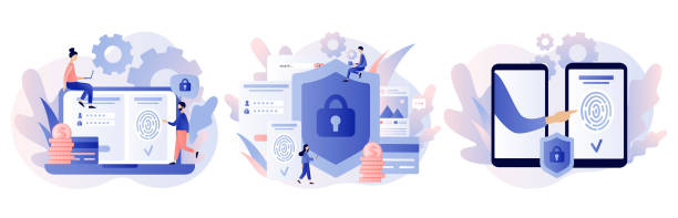 ilustrações de stock, clip art, desenhos animados e ícones de data protection concept. scan fingerprint, identification system. modern flat cartoon style. vector illustration - security protection network security security system