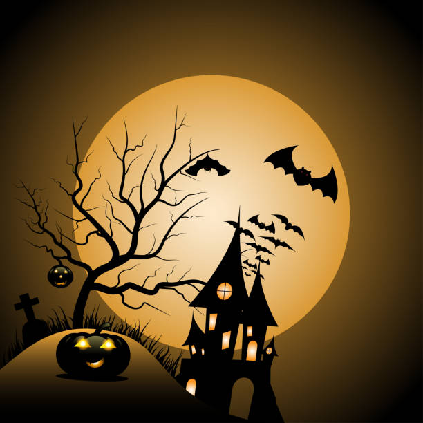 istock Halloween night background with pumpkin, haunted house and full moon - vector illustration 1167146797