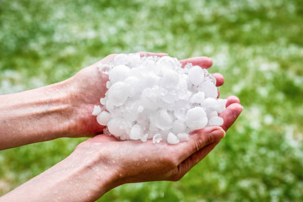 Hail in hands. Hailstorm stock photo